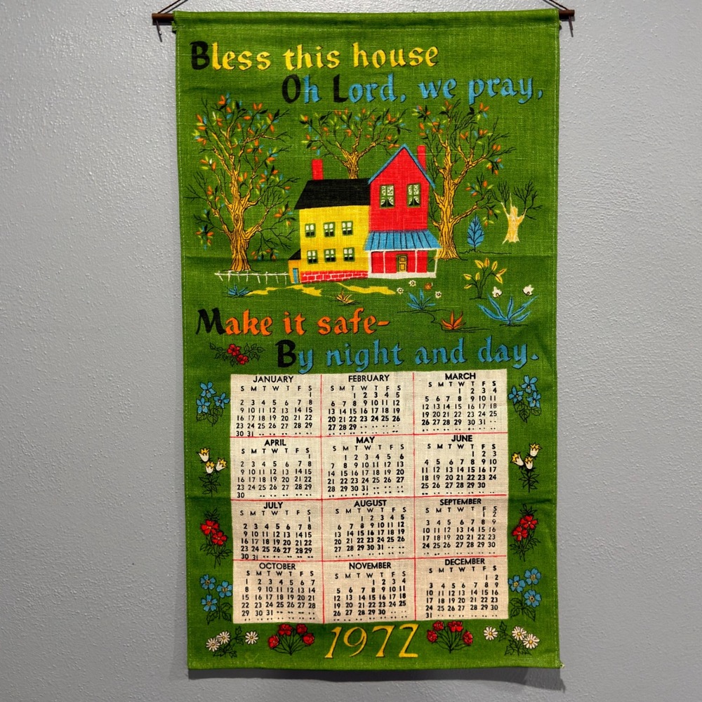 Vintage 1972 Linen Calendar Tea Towel Wall Hanging Bless This House Green 16x28